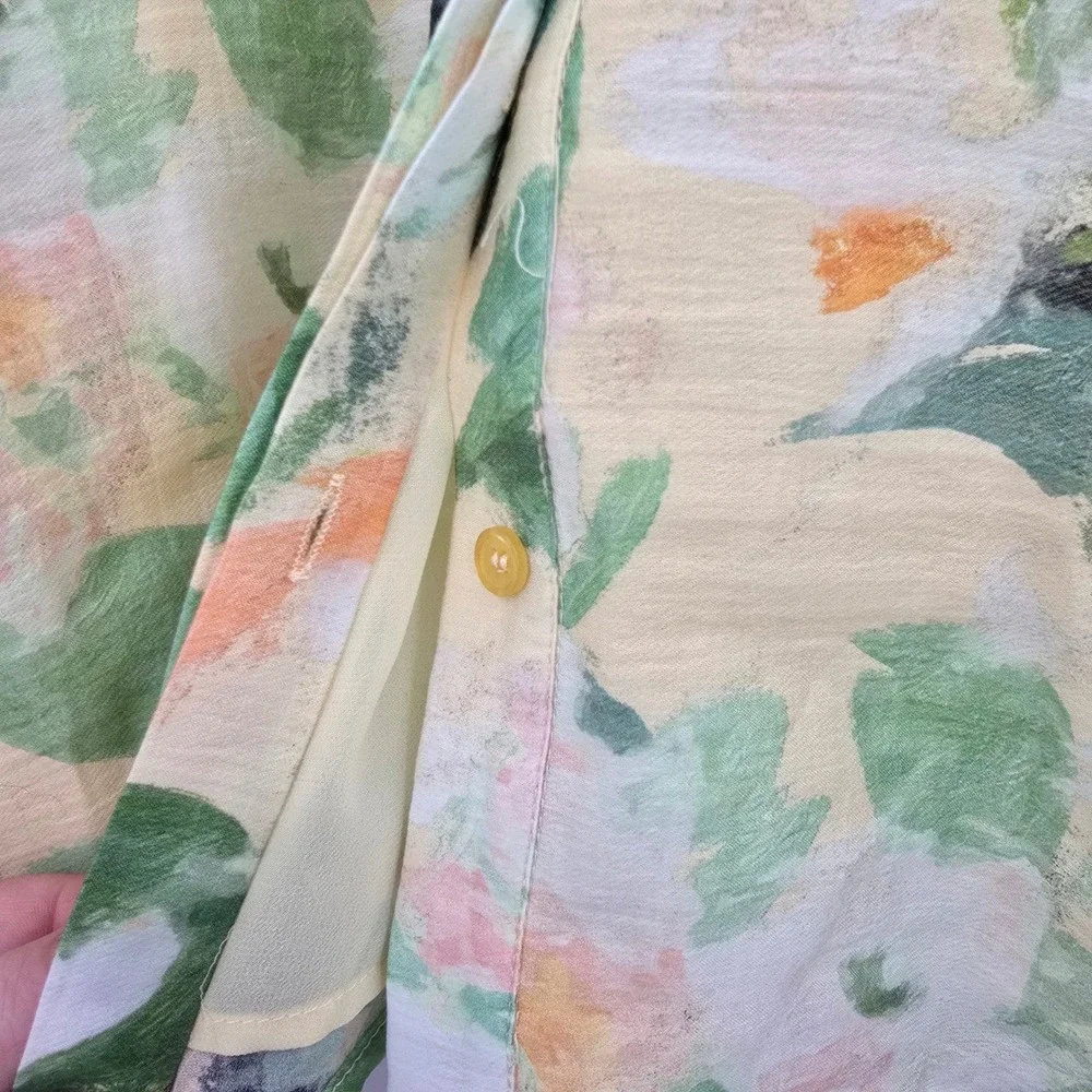 Jade Melody Tam Floral Blouse Green Orange Yellow Impressionist Smocked Cuff S - Picture 7 of 13